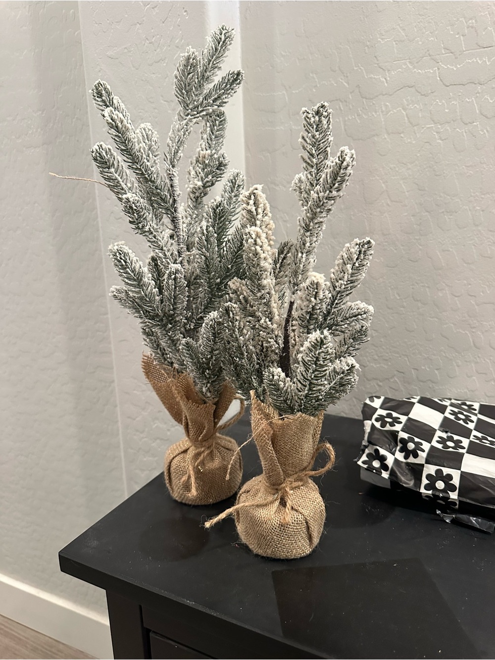 Flocked Mini Pine Tree Pair - Burlap Base (White Frost)
